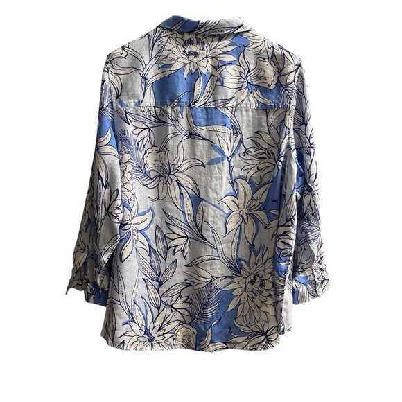 H Halston Top Women 3X Blue Floral Linen Button Down Shirt Beach Resort Vacation - Picture 2 of 8